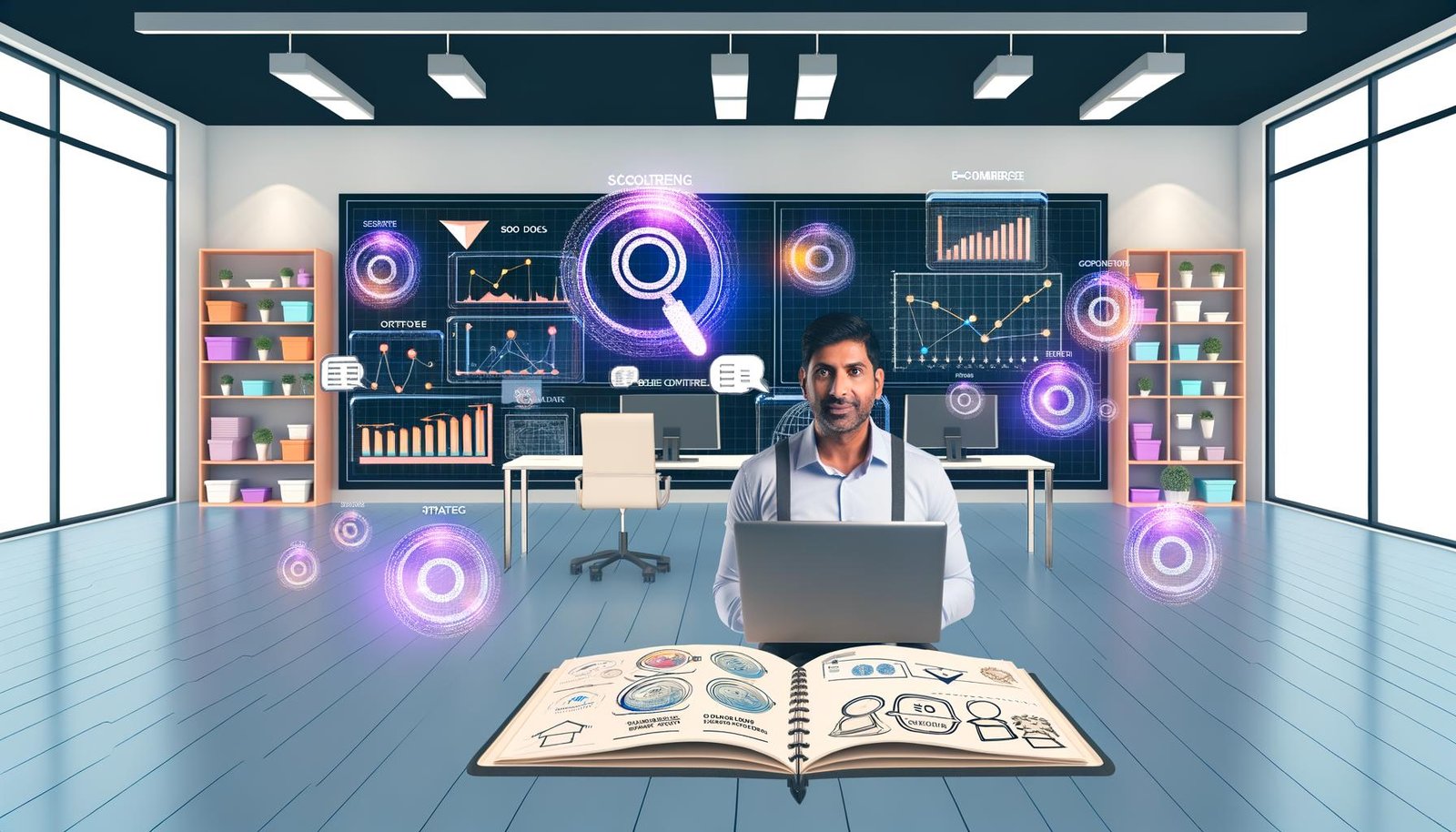 Moderner E-Commerce-Arbeitsplatz mit mehreren Monitoren, darauf Analytics-Dashboards und SEO-Statistiken, Onlineshop-Betreiber arbeitet am Laptop, umgeben von Strategie-Notizen, Notizbuch und digitaler Produktpräsentation.