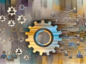 Moderne Collage von LinkedIn: Logo verwandelt sich in Zahnräder, Datencharts und Code, umgeben von Netzwerk-Profis, KPI-Grafiken und CRM-Symbolen, in kontrastierenden Gold- und Blautönen.