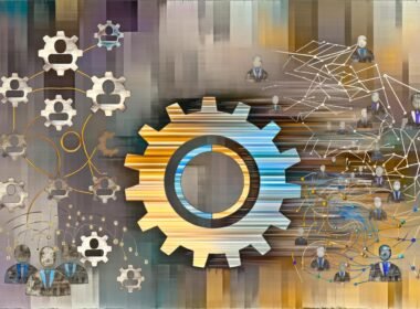Moderne Collage von LinkedIn: Logo verwandelt sich in Zahnräder, Datencharts und Code, umgeben von Netzwerk-Profis, KPI-Grafiken und CRM-Symbolen, in kontrastierenden Gold- und Blautönen.