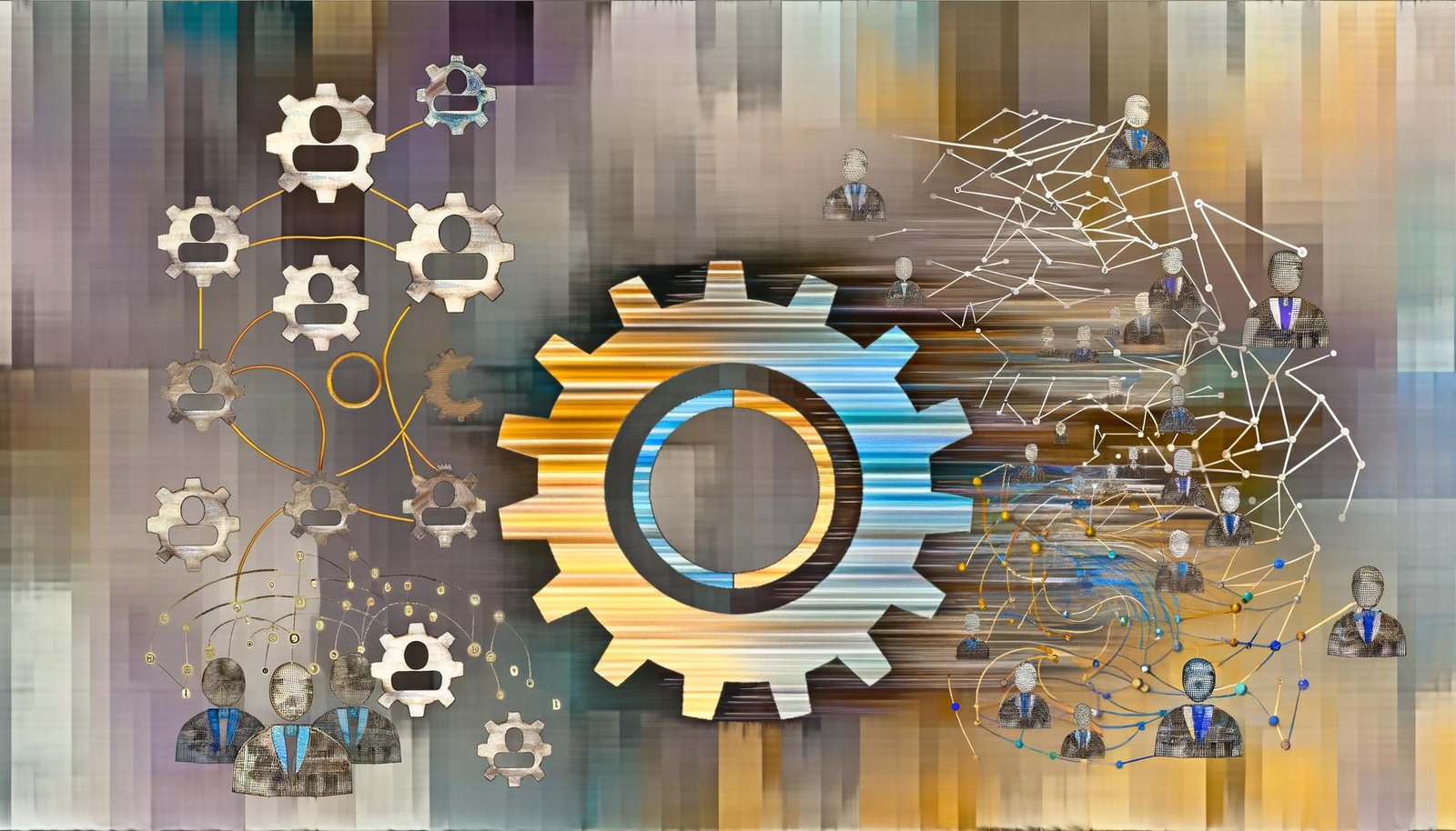Moderne Collage von LinkedIn: Logo verwandelt sich in Zahnräder, Datencharts und Code, umgeben von Netzwerk-Profis, KPI-Grafiken und CRM-Symbolen, in kontrastierenden Gold- und Blautönen.