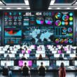 Cyberpunk-Kontrollzentrum eines Onlineshops mit vielen großen Screens, Analytics-Dashboards, Datenströmen, konzentrierten Mitarbeitern und 404 Magazine Branding.
