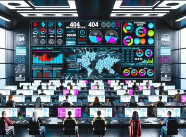 Cyberpunk-Kontrollzentrum eines Onlineshops mit vielen großen Screens, Analytics-Dashboards, Datenströmen, konzentrierten Mitarbeitern und 404 Magazine Branding.