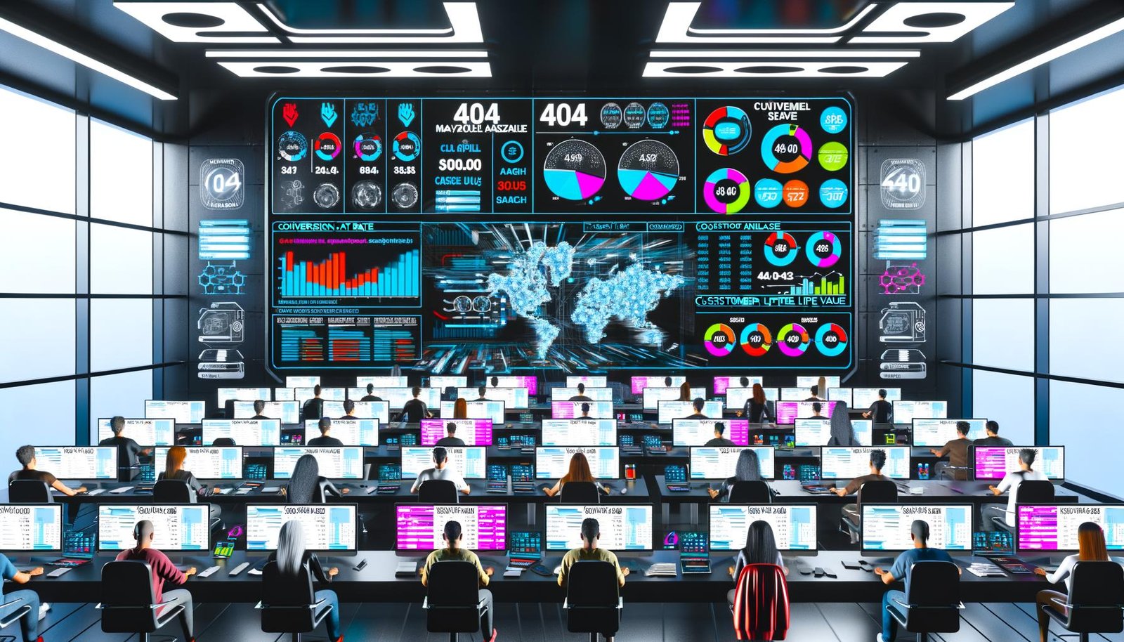 Cyberpunk-Kontrollzentrum eines Onlineshops mit vielen großen Screens, Analytics-Dashboards, Datenströmen, konzentrierten Mitarbeitern und 404 Magazine Branding.