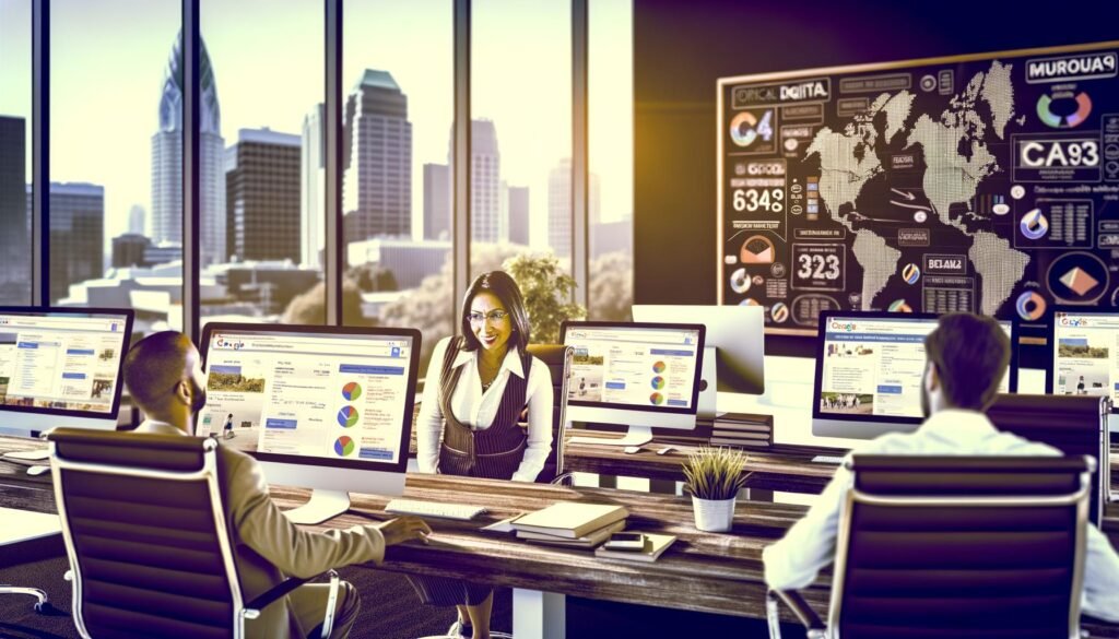SEO-Experte bespricht lokale Suchmaschinenoptimierung mit einem Unternehmer in einem modernen Büro, umgeben von Monitoren mit Datenanalysen und städtischem Ausblick.