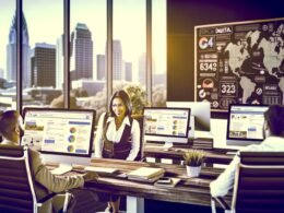 SEO-Experte bespricht lokale Suchmaschinenoptimierung mit einem Unternehmer in einem modernen Büro, umgeben von Monitoren mit Datenanalysen und städtischem Ausblick.