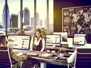 SEO-Experte bespricht lokale Suchmaschinenoptimierung mit einem Unternehmer in einem modernen Büro, umgeben von Monitoren mit Datenanalysen und städtischem Ausblick.