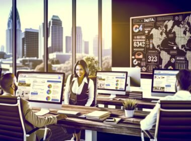 SEO-Experte bespricht lokale Suchmaschinenoptimierung mit einem Unternehmer in einem modernen Büro, umgeben von Monitoren mit Datenanalysen und städtischem Ausblick.