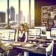 SEO-Experte bespricht lokale Suchmaschinenoptimierung mit einem Unternehmer in einem modernen Büro, umgeben von Monitoren mit Datenanalysen und städtischem Ausblick.