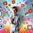Junger kreativer Mensch mit Smartphone, umgeben von Social-Media-Symbolen und Kurzvideos, im Pop-Art-Stil vor zerfallenden Textwänden als Symbol für das Ende der Langformtexte.
