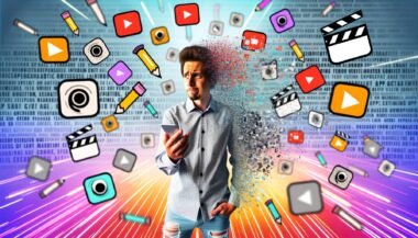 Junger kreativer Mensch mit Smartphone, umgeben von Social-Media-Symbolen und Kurzvideos, im Pop-Art-Stil vor zerfallenden Textwänden als Symbol für das Ende der Langformtexte.