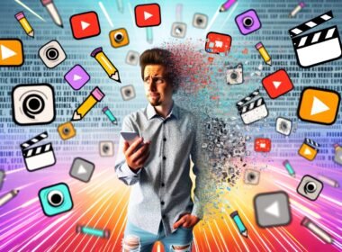 Junger kreativer Mensch mit Smartphone, umgeben von Social-Media-Symbolen und Kurzvideos, im Pop-Art-Stil vor zerfallenden Textwänden als Symbol für das Ende der Langformtexte.
