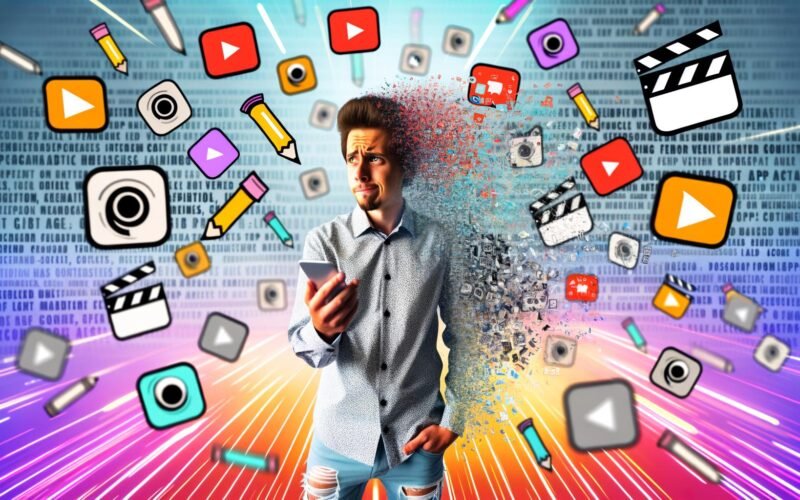 Junger kreativer Mensch mit Smartphone, umgeben von Social-Media-Symbolen und Kurzvideos, im Pop-Art-Stil vor zerfallenden Textwänden als Symbol für das Ende der Langformtexte.