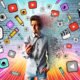 Junger kreativer Mensch mit Smartphone, umgeben von Social-Media-Symbolen und Kurzvideos, im Pop-Art-Stil vor zerfallenden Textwänden als Symbol für das Ende der Langformtexte.