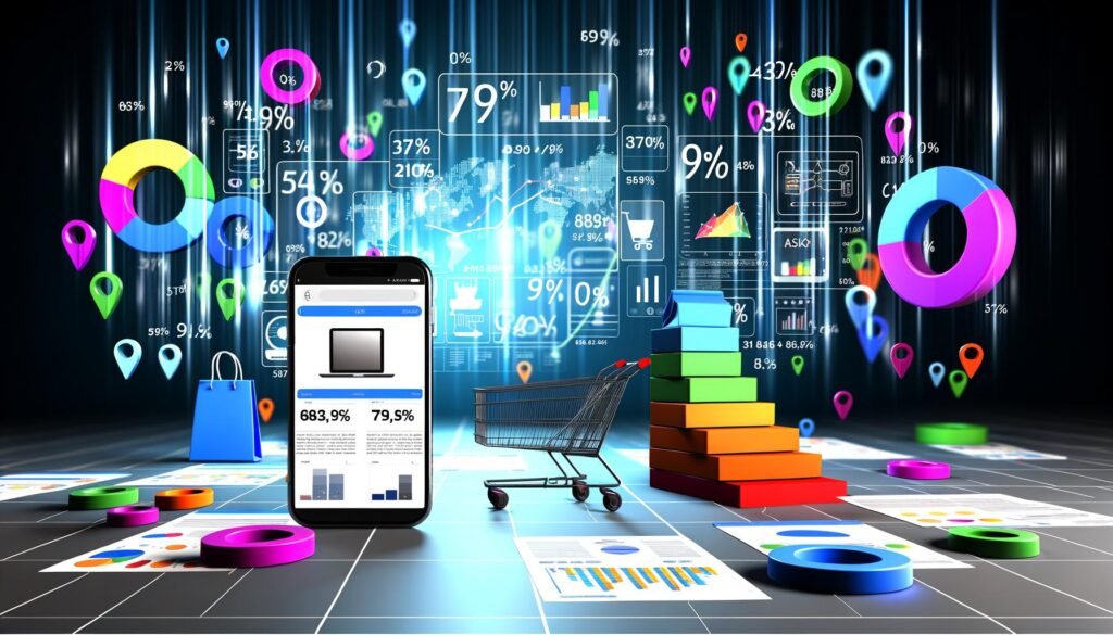 Modern gestaltete Online-Shop-Oberfläche auf Computer und Smartphone, umgeben von bunten Zahlen, Diagrammen und Metrik-Symbolen mit Datenströmen und Analytics-Icons im Hintergrund.