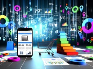 Modern gestaltete Online-Shop-Oberfläche auf Computer und Smartphone, umgeben von bunten Zahlen, Diagrammen und Metrik-Symbolen mit Datenströmen und Analytics-Icons im Hintergrund.