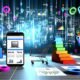 Modern gestaltete Online-Shop-Oberfläche auf Computer und Smartphone, umgeben von bunten Zahlen, Diagrammen und Metrik-Symbolen mit Datenströmen und Analytics-Icons im Hintergrund.