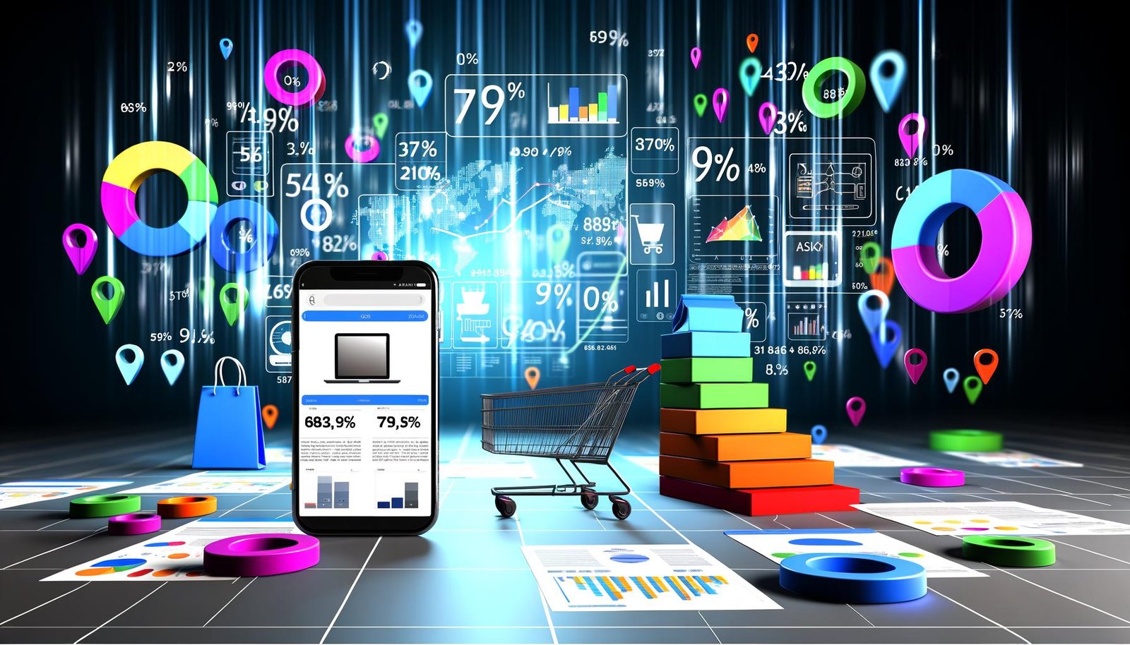 Modern gestaltete Online-Shop-Oberfläche auf Computer und Smartphone, umgeben von bunten Zahlen, Diagrammen und Metrik-Symbolen mit Datenströmen und Analytics-Icons im Hintergrund.