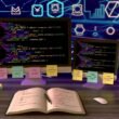 Moderner Schreibtisch mit zwei Computerbildschirmen voller HTML-Code, Sticky Notes mit SEO-Schlüsselwörtern, einer geöffneten SEO-Audit-Checkliste und subtilen Symbolen von Google, Bing und sozialen Medien im Hintergrund.
