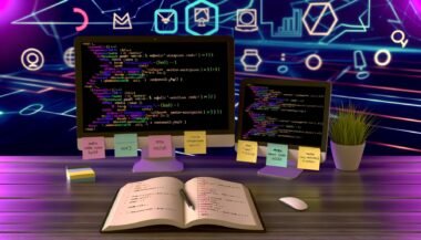 Moderner Schreibtisch mit zwei Computerbildschirmen voller HTML-Code, Sticky Notes mit SEO-Schlüsselwörtern, einer geöffneten SEO-Audit-Checkliste und subtilen Symbolen von Google, Bing und sozialen Medien im Hintergrund.