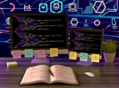 Moderner Schreibtisch mit zwei Computerbildschirmen voller HTML-Code, Sticky Notes mit SEO-Schlüsselwörtern, einer geöffneten SEO-Audit-Checkliste und subtilen Symbolen von Google, Bing und sozialen Medien im Hintergrund.