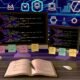 Moderner Schreibtisch mit zwei Computerbildschirmen voller HTML-Code, Sticky Notes mit SEO-Schlüsselwörtern, einer geöffneten SEO-Audit-Checkliste und subtilen Symbolen von Google, Bing und sozialen Medien im Hintergrund.