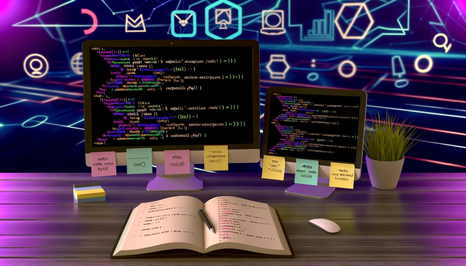 Moderner Schreibtisch mit zwei Computerbildschirmen voller HTML-Code, Sticky Notes mit SEO-Schlüsselwörtern, einer geöffneten SEO-Audit-Checkliste und subtilen Symbolen von Google, Bing und sozialen Medien im Hintergrund.