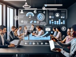 Modernes Büro mit diversen Fachkräften, die intensiv LinkedIn-Newsletter-Analysen auf Laptops prüfen. Dashboard zeigt Engagement, Abonnenten und Zahlungen. Euro-Symbole und LinkedIn-Branding heben Monetarisierung hervor.