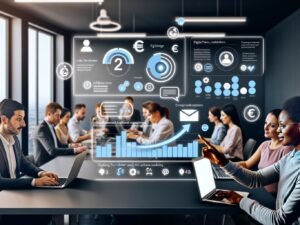 Modernes Büro mit diversen Fachkräften, die intensiv LinkedIn-Newsletter-Analysen auf Laptops prüfen. Dashboard zeigt Engagement, Abonnenten und Zahlungen. Euro-Symbole und LinkedIn-Branding heben Monetarisierung hervor.