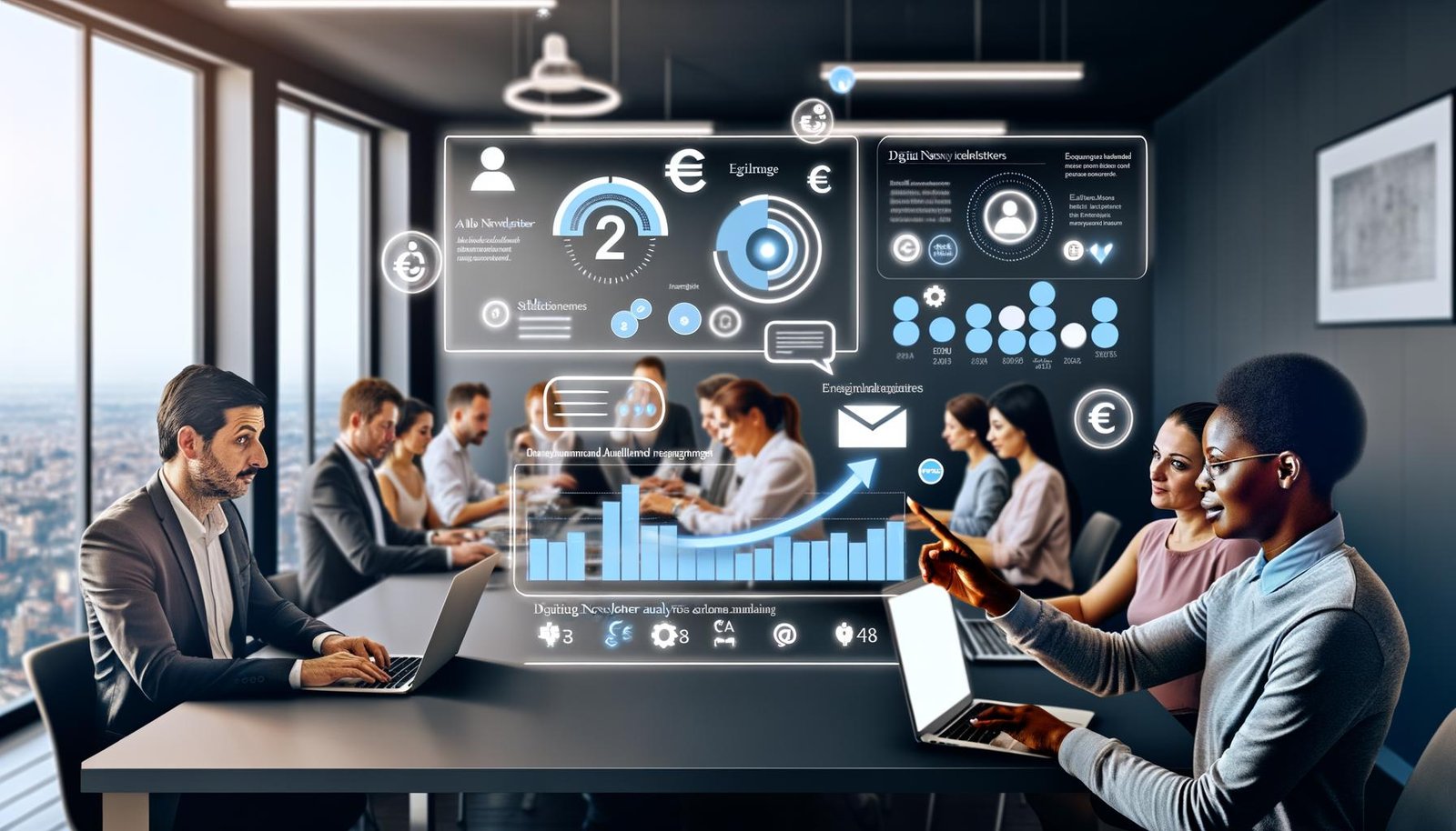 Modernes Büro mit diversen Fachkräften, die intensiv LinkedIn-Newsletter-Analysen auf Laptops prüfen. Dashboard zeigt Engagement, Abonnenten und Zahlungen. Euro-Symbole und LinkedIn-Branding heben Monetarisierung hervor.
