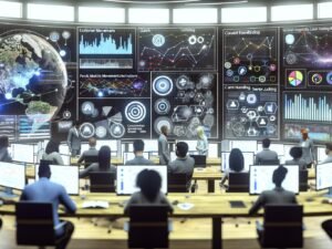 E-Commerce-Kontrollraum mit digitalen Dashboards, Analystenteam, Echtzeit-Verkaufsdaten, Event-Tracking und Consent-Management-Icons in moderner, futuristischer Umgebung.