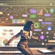 Entschlossene Person lehnt sich über einen Laptop mit bunten Datenvisualisierungen und SEO-Tools, im Hintergrund verschwimmen Webseiten, Google-Charts und Geldsymbole.