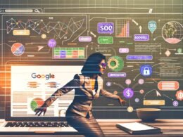 Entschlossene Person lehnt sich über einen Laptop mit bunten Datenvisualisierungen und SEO-Tools, im Hintergrund verschwimmen Webseiten, Google-Charts und Geldsymbole.