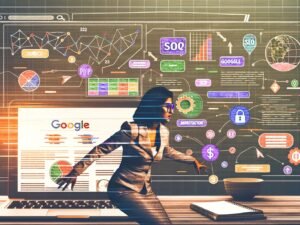 Entschlossene Person lehnt sich über einen Laptop mit bunten Datenvisualisierungen und SEO-Tools, im Hintergrund verschwimmen Webseiten, Google-Charts und Geldsymbole.