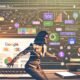 Entschlossene Person lehnt sich über einen Laptop mit bunten Datenvisualisierungen und SEO-Tools, im Hintergrund verschwimmen Webseiten, Google-Charts und Geldsymbole.