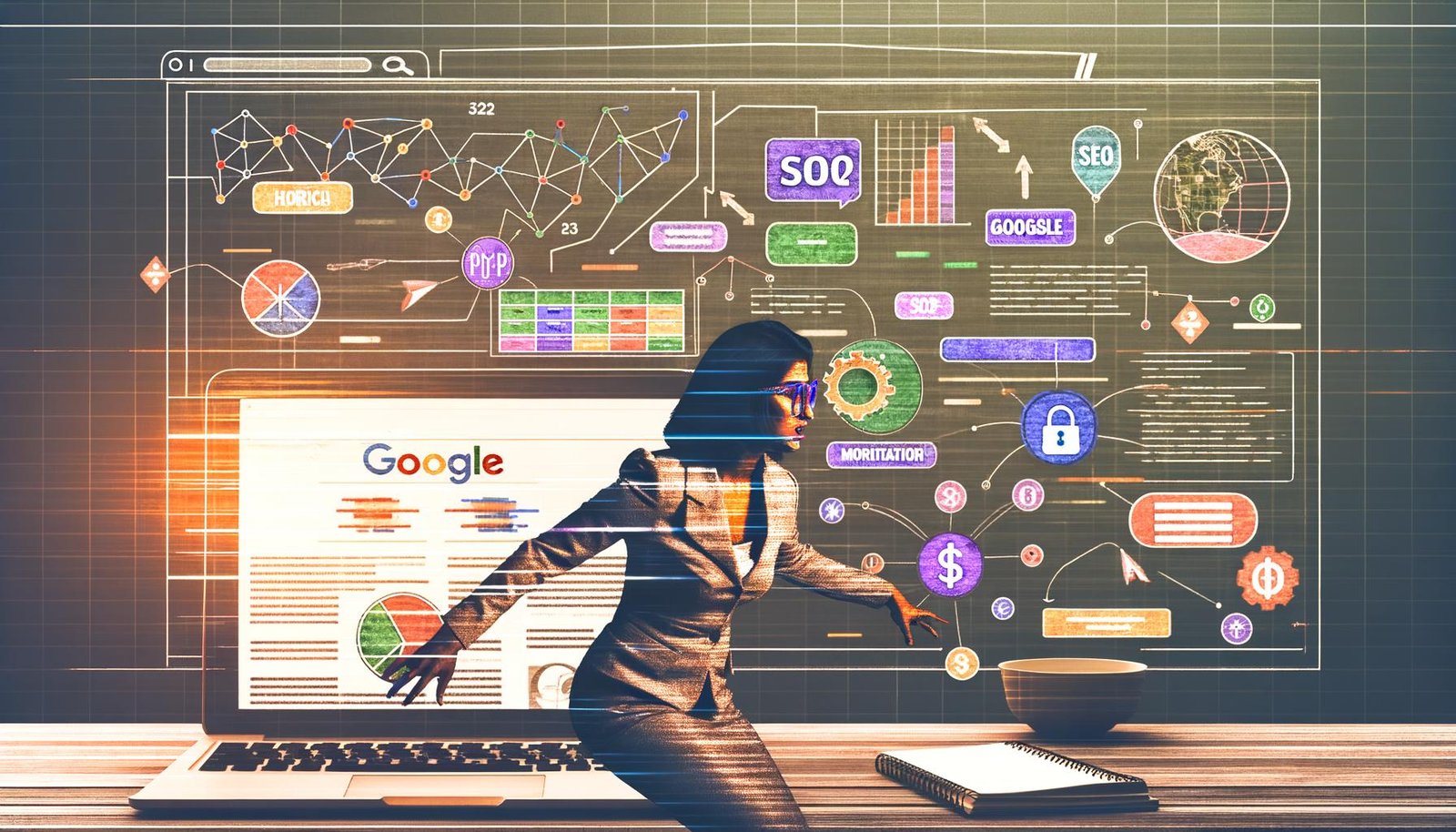 Entschlossene Person lehnt sich über einen Laptop mit bunten Datenvisualisierungen und SEO-Tools, im Hintergrund verschwimmen Webseiten, Google-Charts und Geldsymbole.