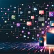 Digitale Instagram-Collage mit Posts, Likes, Stories, Monetarisierungs-Icons und automatisierten Datenströmen von Laptop und Smartphone auf dunklem, futuristischem Hintergrund. Effizienz und technische Systeme stehen im Mittelpunkt.
