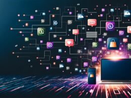 Digitale Instagram-Collage mit Posts, Likes, Stories, Monetarisierungs-Icons und automatisierten Datenströmen von Laptop und Smartphone auf dunklem, futuristischem Hintergrund. Effizienz und technische Systeme stehen im Mittelpunkt.