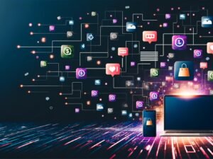 Digitale Instagram-Collage mit Posts, Likes, Stories, Monetarisierungs-Icons und automatisierten Datenströmen von Laptop und Smartphone auf dunklem, futuristischem Hintergrund. Effizienz und technische Systeme stehen im Mittelpunkt.