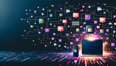 Digitale Instagram-Collage mit Posts, Likes, Stories, Monetarisierungs-Icons und automatisierten Datenströmen von Laptop und Smartphone auf dunklem, futuristischem Hintergrund. Effizienz und technische Systeme stehen im Mittelpunkt.