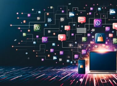 Digitale Instagram-Collage mit Posts, Likes, Stories, Monetarisierungs-Icons und automatisierten Datenströmen von Laptop und Smartphone auf dunklem, futuristischem Hintergrund. Effizienz und technische Systeme stehen im Mittelpunkt.