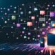 Digitale Instagram-Collage mit Posts, Likes, Stories, Monetarisierungs-Icons und automatisierten Datenströmen von Laptop und Smartphone auf dunklem, futuristischem Hintergrund. Effizienz und technische Systeme stehen im Mittelpunkt.