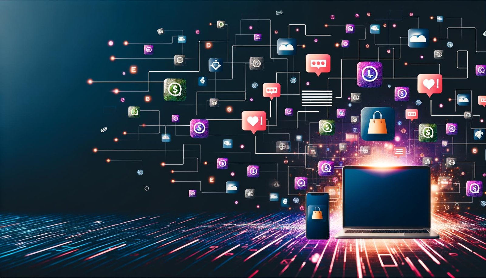 Digitale Instagram-Collage mit Posts, Likes, Stories, Monetarisierungs-Icons und automatisierten Datenströmen von Laptop und Smartphone auf dunklem, futuristischem Hintergrund. Effizienz und technische Systeme stehen im Mittelpunkt.