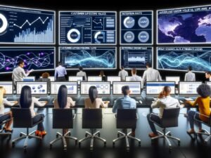 Modernes E-Commerce-Kontrollzentrum mit Analysten vor großen Bildschirmen, die komplexe Live-Daten und KPIs überwachen. Im Hintergrund leuchten Serverracks und Hologramme zeigen vernetzte Datenströme.