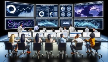 Modernes E-Commerce-Kontrollzentrum mit Analysten vor großen Bildschirmen, die komplexe Live-Daten und KPIs überwachen. Im Hintergrund leuchten Serverracks und Hologramme zeigen vernetzte Datenströme.