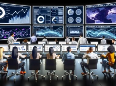 Modernes E-Commerce-Kontrollzentrum mit Analysten vor großen Bildschirmen, die komplexe Live-Daten und KPIs überwachen. Im Hintergrund leuchten Serverracks und Hologramme zeigen vernetzte Datenströme.