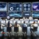 Modernes E-Commerce-Kontrollzentrum mit Analysten vor großen Bildschirmen, die komplexe Live-Daten und KPIs überwachen. Im Hintergrund leuchten Serverracks und Hologramme zeigen vernetzte Datenströme.