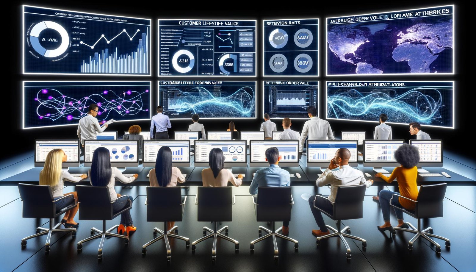 Modernes E-Commerce-Kontrollzentrum mit Analysten vor großen Bildschirmen, die komplexe Live-Daten und KPIs überwachen. Im Hintergrund leuchten Serverracks und Hologramme zeigen vernetzte Datenströme.