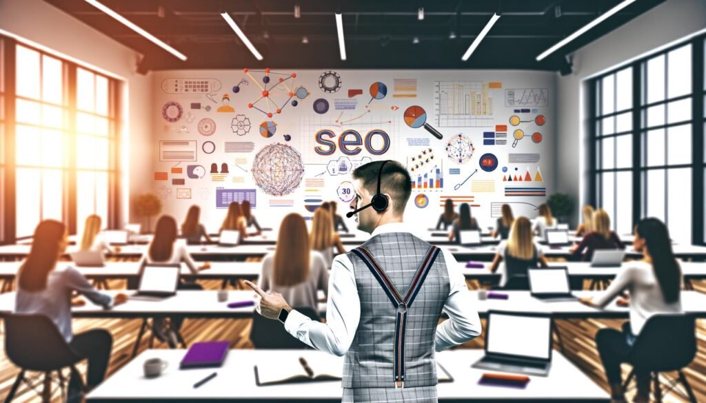 Moderner SEO-Workshop mit vielfältigen Teilnehmern, charismatischem Trainer und digitalen Arbeitsmitteln in einem hellen Seminarraum
