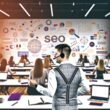 Moderner SEO-Workshop mit vielfältigen Teilnehmern, charismatischem Trainer und digitalen Arbeitsmitteln in einem hellen Seminarraum
