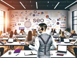 Moderner SEO-Workshop mit vielfältigen Teilnehmern, charismatischem Trainer und digitalen Arbeitsmitteln in einem hellen Seminarraum